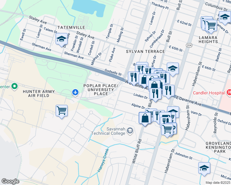 map of restaurants, bars, coffee shops, grocery stores, and more near 134 Alpine Drive in Savannah