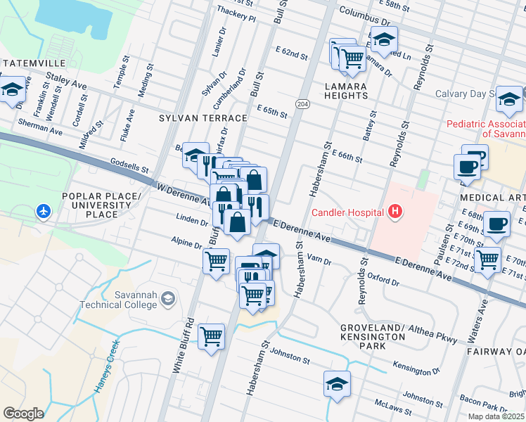 map of restaurants, bars, coffee shops, grocery stores, and more near in Savannah