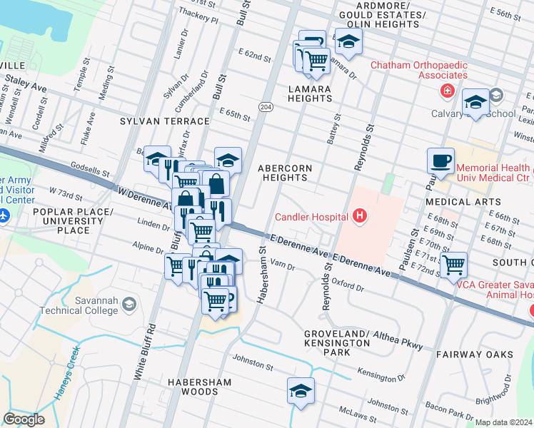 map of restaurants, bars, coffee shops, grocery stores, and more near 112 East DeRenne Avenue in Savannah