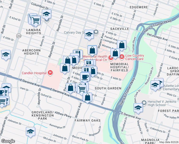 map of restaurants, bars, coffee shops, grocery stores, and more near 5205 Waters Avenue in Savannah