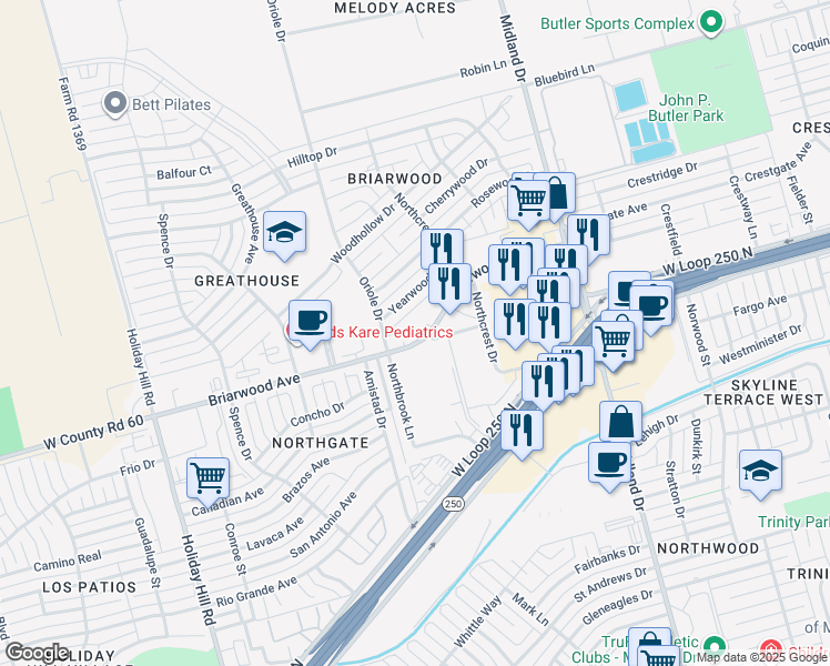 map of restaurants, bars, coffee shops, grocery stores, and more near 4800 Briarwood Avenue in Midland