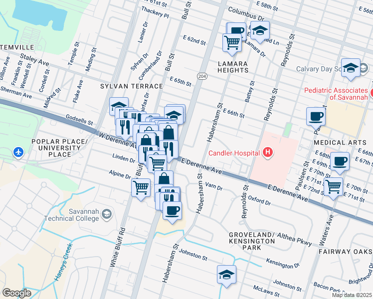 map of restaurants, bars, coffee shops, grocery stores, and more near 5111 Abercorn Street in Savannah