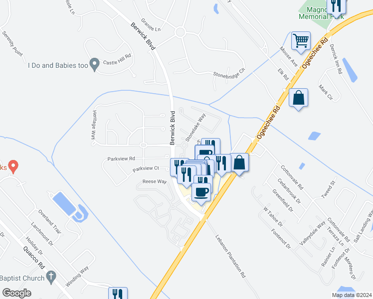 map of restaurants, bars, coffee shops, grocery stores, and more near 3 Stonelake Circle in Savannah