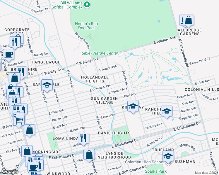 map of restaurants, bars, coffee shops, grocery stores, and more near 3005 Vermont Avenue in Midland