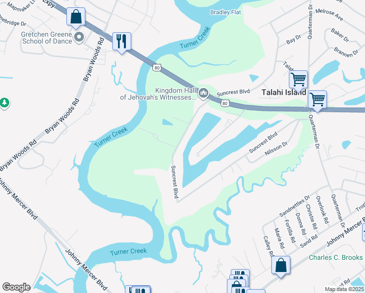 map of restaurants, bars, coffee shops, grocery stores, and more near 530 Suncrest Boulevard in Savannah