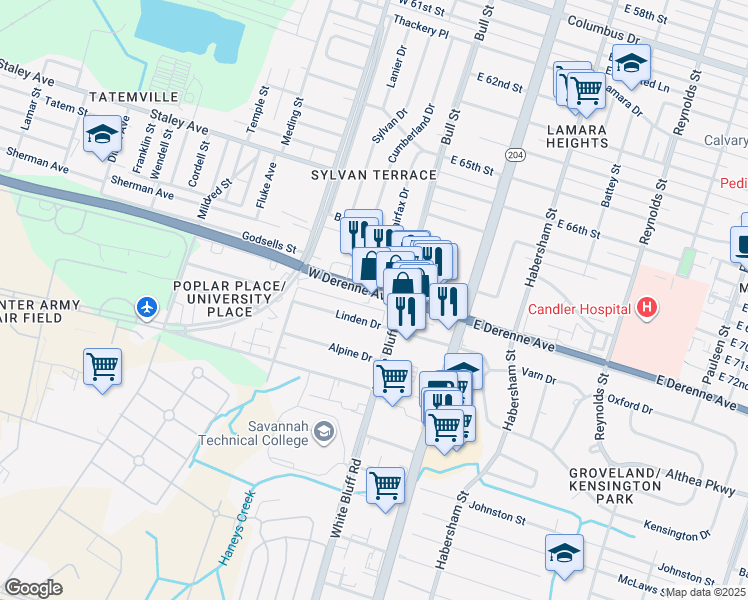 map of restaurants, bars, coffee shops, grocery stores, and more near 12 West DeRenne Avenue in Savannah