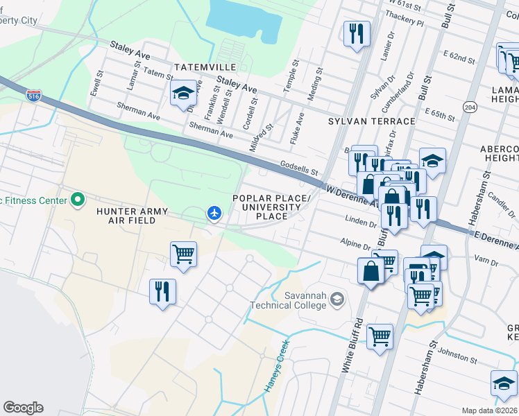 map of restaurants, bars, coffee shops, grocery stores, and more near 237 Birchfield Drive in Savannah