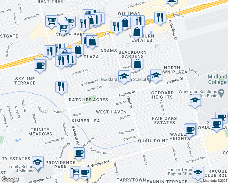 map of restaurants, bars, coffee shops, grocery stores, and more near 2811 Moss Avenue in Midland