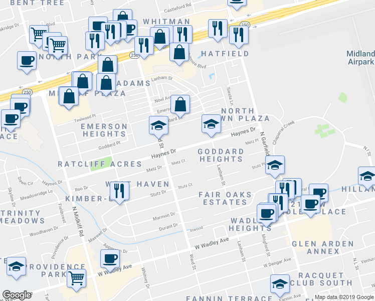 map of restaurants, bars, coffee shops, grocery stores, and more near 2500 Haynes Drive in Midland