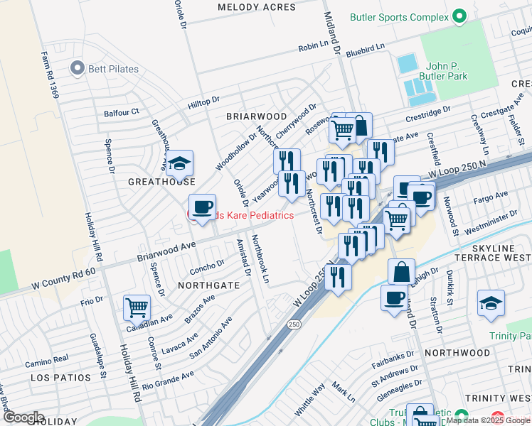 map of restaurants, bars, coffee shops, grocery stores, and more near 4811 Yearwood Drive in Midland