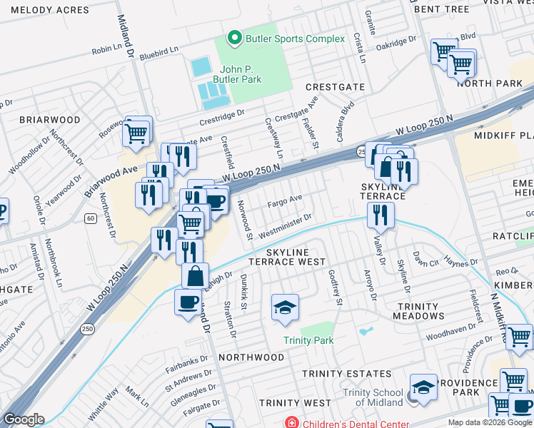 map of restaurants, bars, coffee shops, grocery stores, and more near 4406 Lennox Drive in Midland