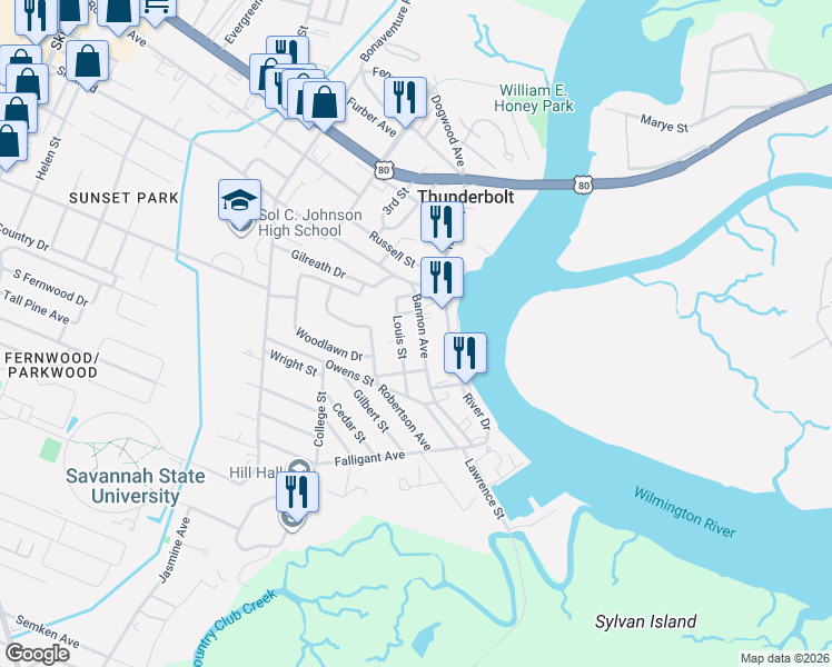 map of restaurants, bars, coffee shops, grocery stores, and more near 3310 Louis Street in Savannah