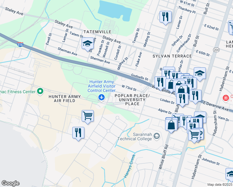 map of restaurants, bars, coffee shops, grocery stores, and more near 249 Birchfield Drive in Savannah