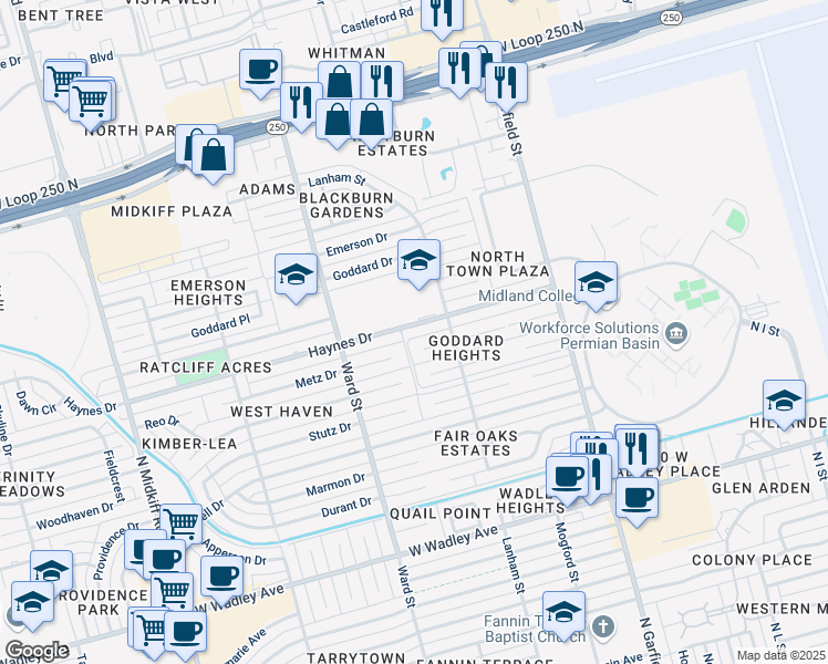 map of restaurants, bars, coffee shops, grocery stores, and more near 2500-2584 Haynes Drive in Midland