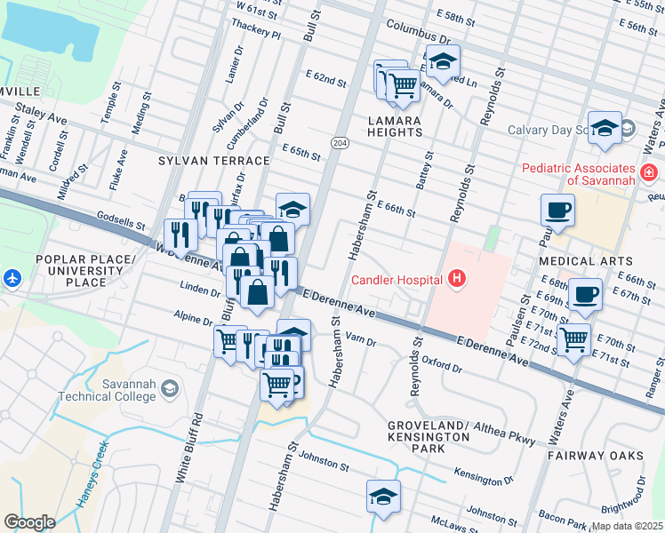 map of restaurants, bars, coffee shops, grocery stores, and more near 115 Brandywine Road in Savannah