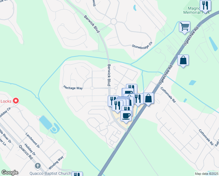 map of restaurants, bars, coffee shops, grocery stores, and more near Berwick Blvd & Stonelake Way in Savannah