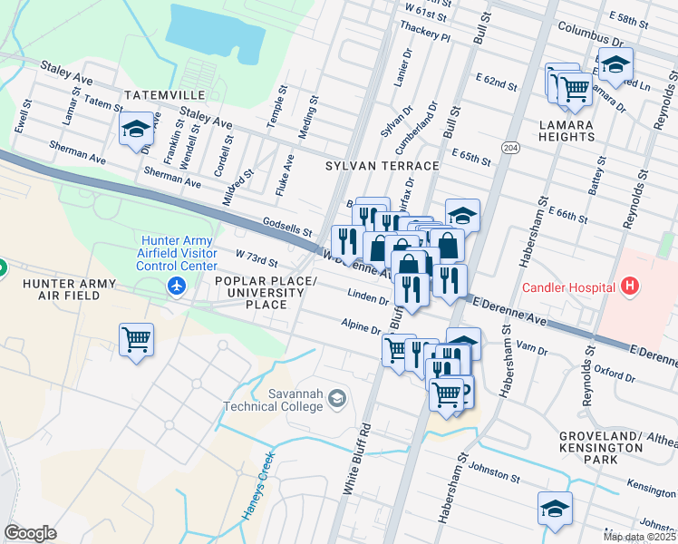 map of restaurants, bars, coffee shops, grocery stores, and more near 89 Georgia 21 in Savannah