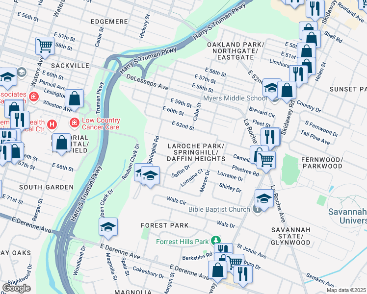 map of restaurants, bars, coffee shops, grocery stores, and more near 1914 East 63rd Street in Savannah