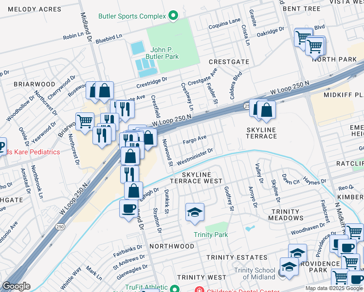 map of restaurants, bars, coffee shops, grocery stores, and more near Fargo Avenue in Midland
