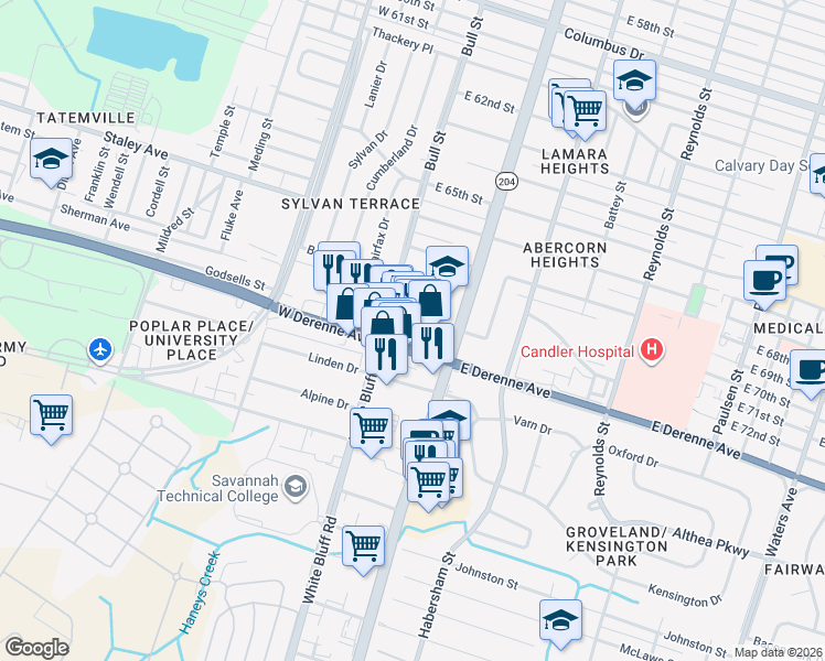map of restaurants, bars, coffee shops, grocery stores, and more near 28 East DeRenne Avenue in Savannah