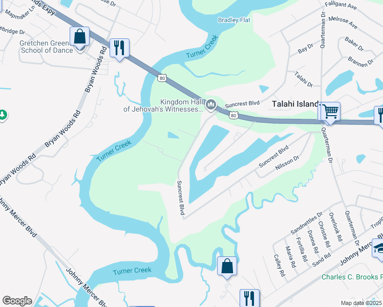 map of restaurants, bars, coffee shops, grocery stores, and more near 530 Suncrest Boulevard in Savannah