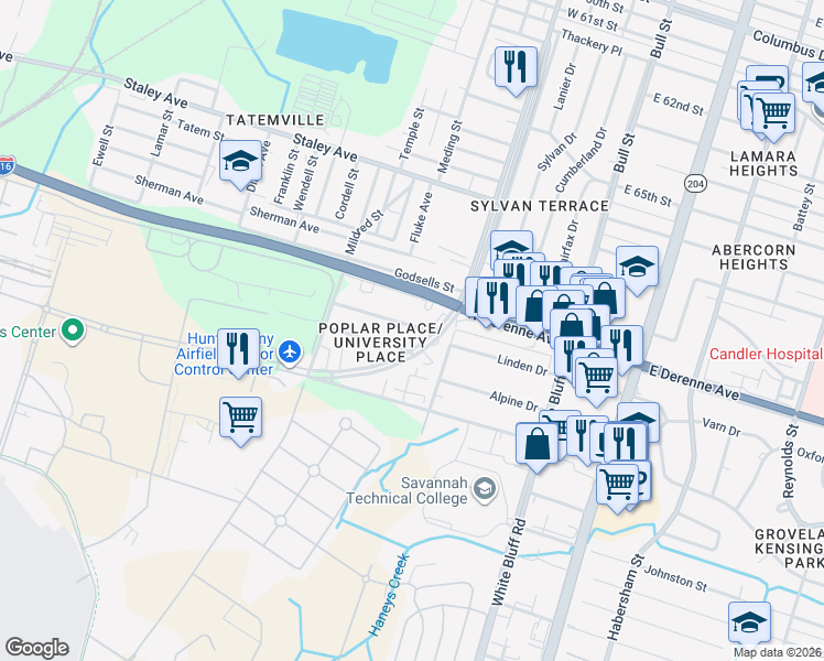 map of restaurants, bars, coffee shops, grocery stores, and more near 221 West 73rd Street in Savannah