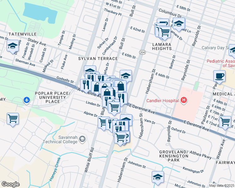 map of restaurants, bars, coffee shops, grocery stores, and more near 28 East DeRenne Avenue in Savannah
