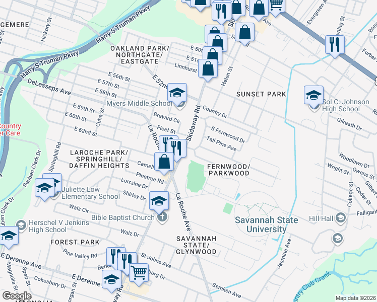 map of restaurants, bars, coffee shops, grocery stores, and more near 3807 Skidaway Road in Savannah