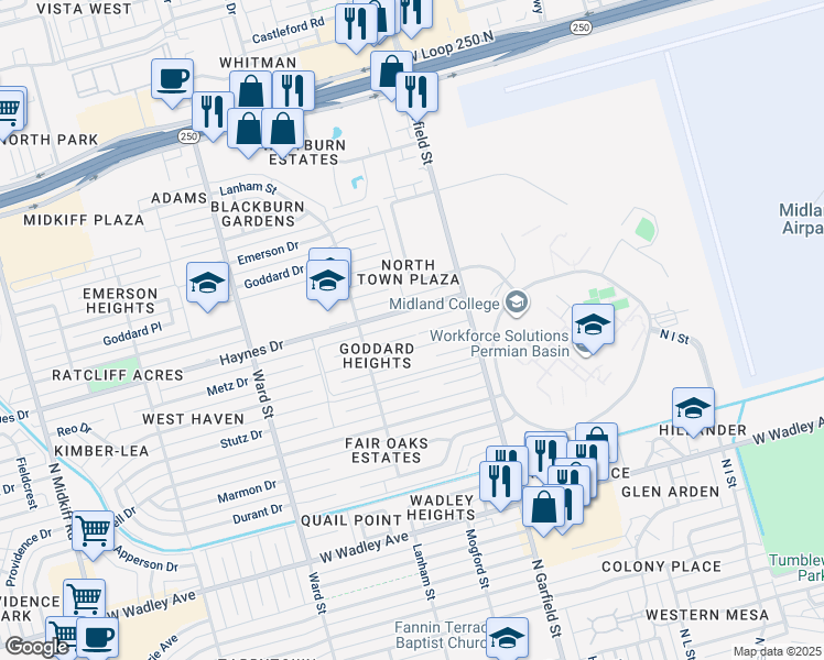 map of restaurants, bars, coffee shops, grocery stores, and more near 2400 Metz Place in Midland