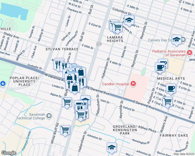 map of restaurants, bars, coffee shops, grocery stores, and more near 115 Brandywine Road in Savannah