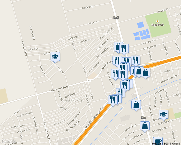 map of restaurants, bars, coffee shops, grocery stores, and more near 4811 Yearwood Dr in Midland
