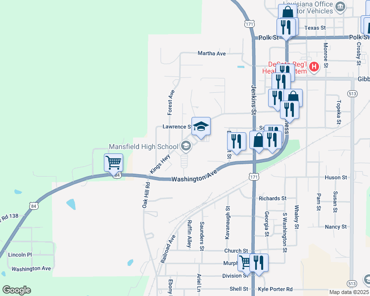 map of restaurants, bars, coffee shops, grocery stores, and more near 401 Kings Highway in Mansfield