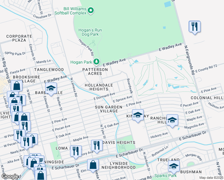 map of restaurants, bars, coffee shops, grocery stores, and more near 3005 Vermont Avenue in Midland