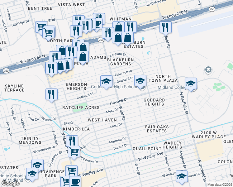 map of restaurants, bars, coffee shops, grocery stores, and more near 2800 Moss Avenue in Midland