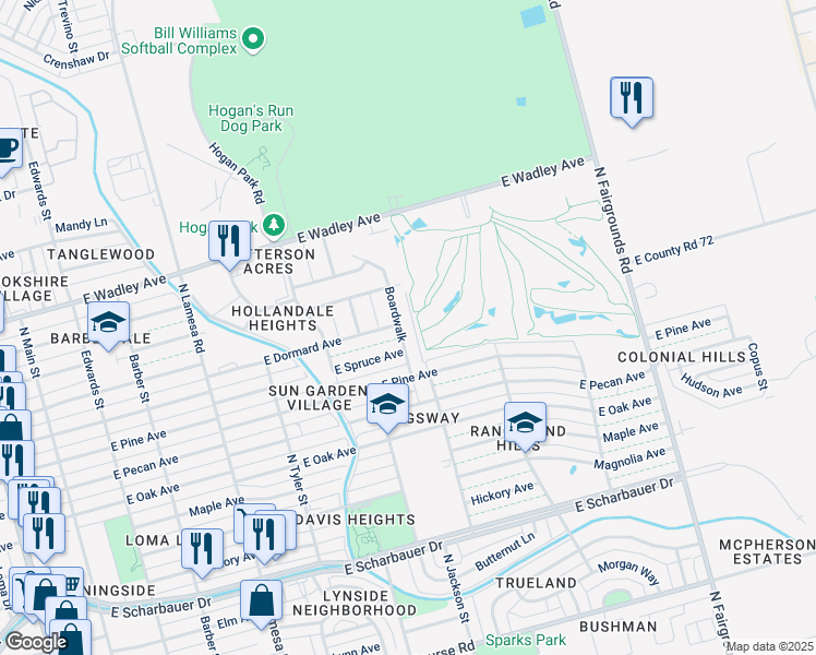 map of restaurants, bars, coffee shops, grocery stores, and more near 2908 Boardwalk in Midland