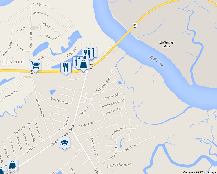 map of restaurants, bars, coffee shops, grocery stores, and more near 12 River Pointe Court in Savannah