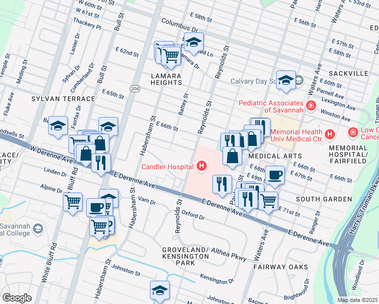 map of restaurants, bars, coffee shops, grocery stores, and more near 309 Brandywine Road in Savannah