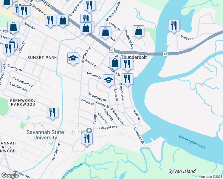 map of restaurants, bars, coffee shops, grocery stores, and more near 3313 Louis Street in Savannah