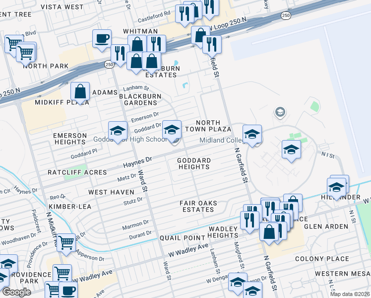 map of restaurants, bars, coffee shops, grocery stores, and more near 2500 Haynes Avenue in Midland