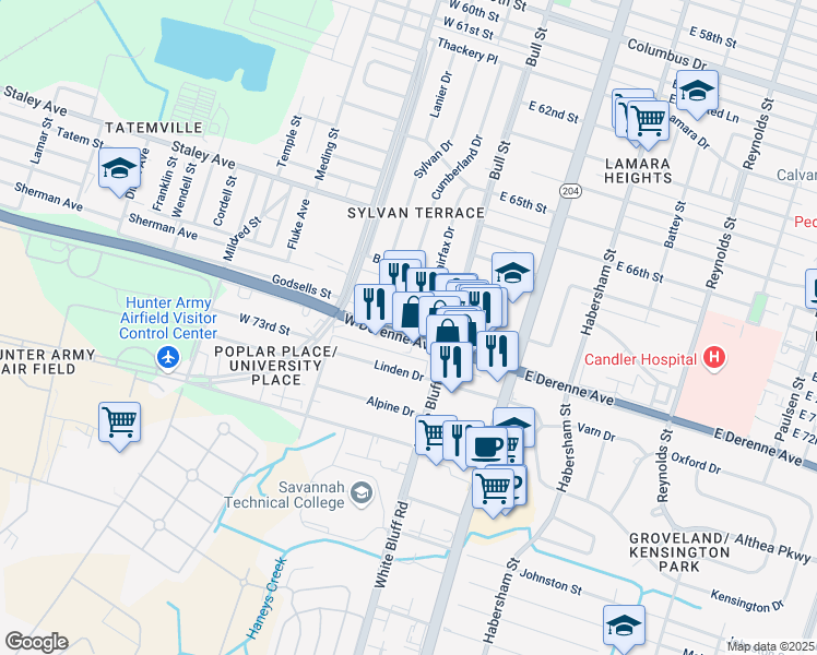 map of restaurants, bars, coffee shops, grocery stores, and more near 12 West DeRenne Avenue in Savannah