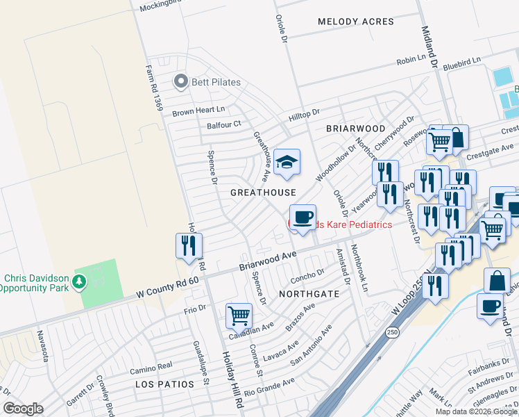 map of restaurants, bars, coffee shops, grocery stores, and more near 5204 Quicksand Drive in Midland