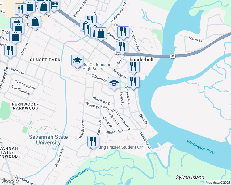 map of restaurants, bars, coffee shops, grocery stores, and more near 3313 Louis Street in Savannah
