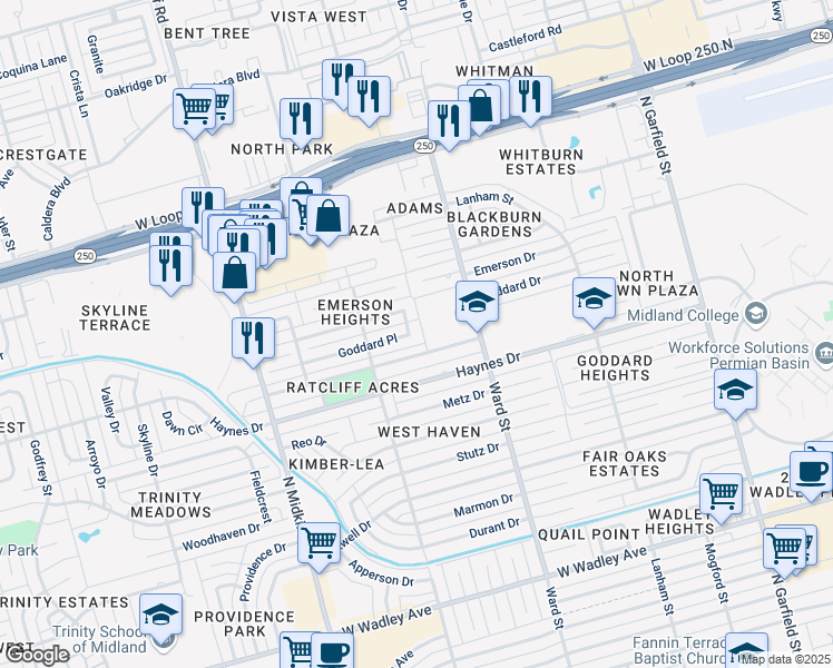 map of restaurants, bars, coffee shops, grocery stores, and more near 2817 Goddard Pl in Midland