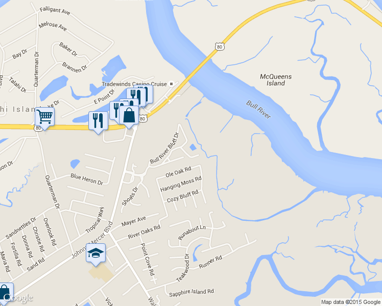 map of restaurants, bars, coffee shops, grocery stores, and more near 131 Bull River Bluff Dr in Savannah