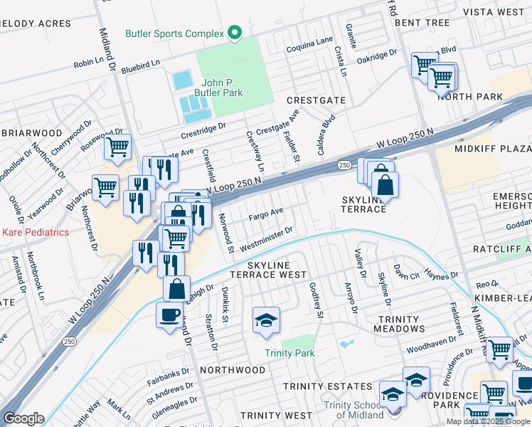map of restaurants, bars, coffee shops, grocery stores, and more near Fargo Avenue in Midland