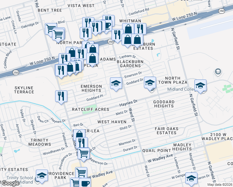 map of restaurants, bars, coffee shops, grocery stores, and more near 2800 Moss Avenue in Midland
