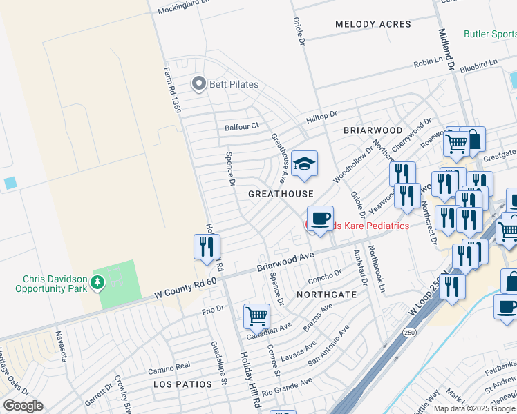 map of restaurants, bars, coffee shops, grocery stores, and more near 5210 Greathouse Avenue in Midland