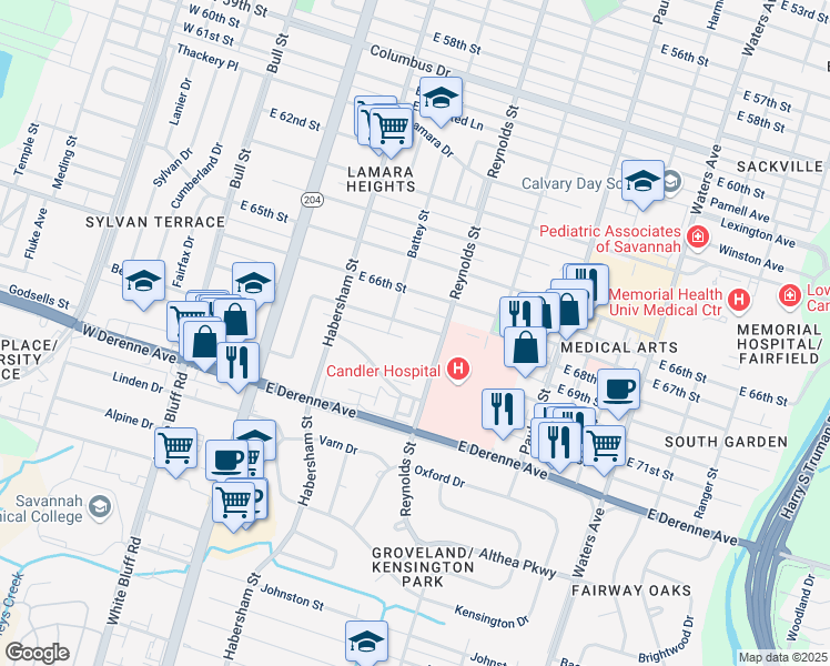 map of restaurants, bars, coffee shops, grocery stores, and more near 309 Brandywine Road in Savannah