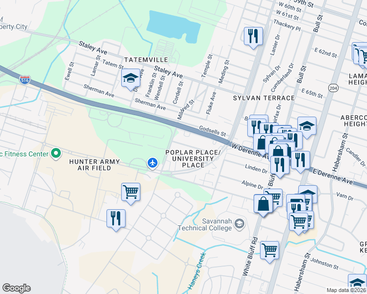 map of restaurants, bars, coffee shops, grocery stores, and more near 249 West 73rd Street in Savannah