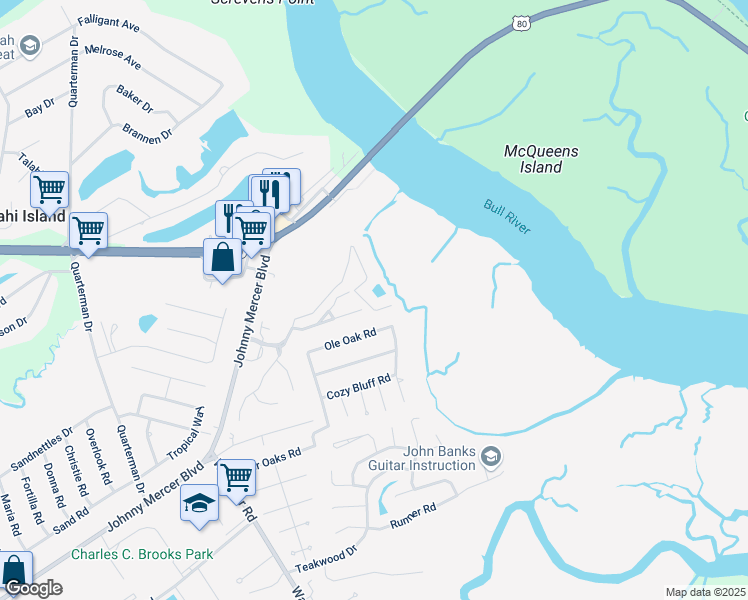 map of restaurants, bars, coffee shops, grocery stores, and more near 131 Bull River Bluff Drive in Savannah